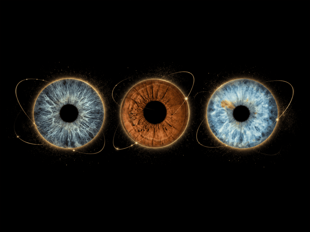 Golden Orbit personalized eye art showing three family irises connected by refined golden orbit lines against a deep black background.