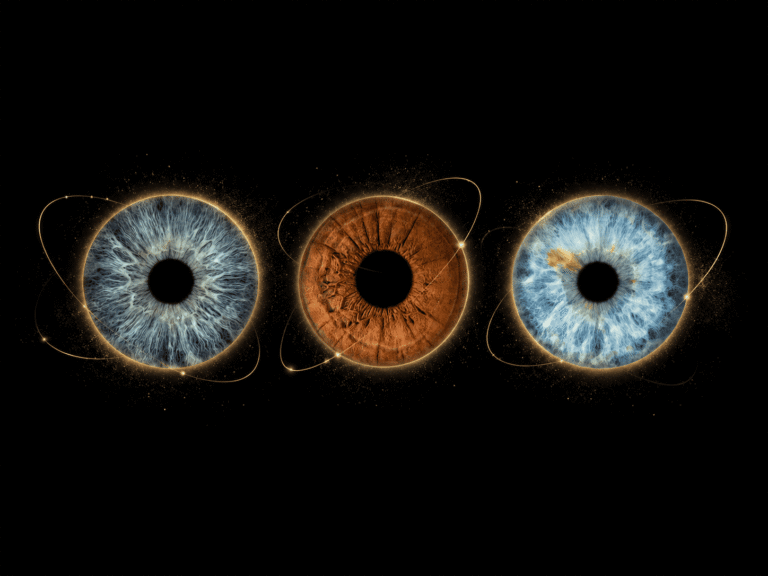 Golden Orbit personalized eye art showing three family irises connected by refined golden orbit lines against a deep black background.