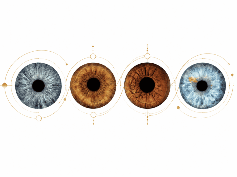 Golden Symmetry personalized four iris portrait with real family eyes arranged inside refined golden geometric circles on white.