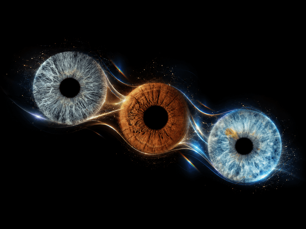 Journey Together custom family iris portrait with three unique irises flowing through intertwined blue and golden streams of light.
