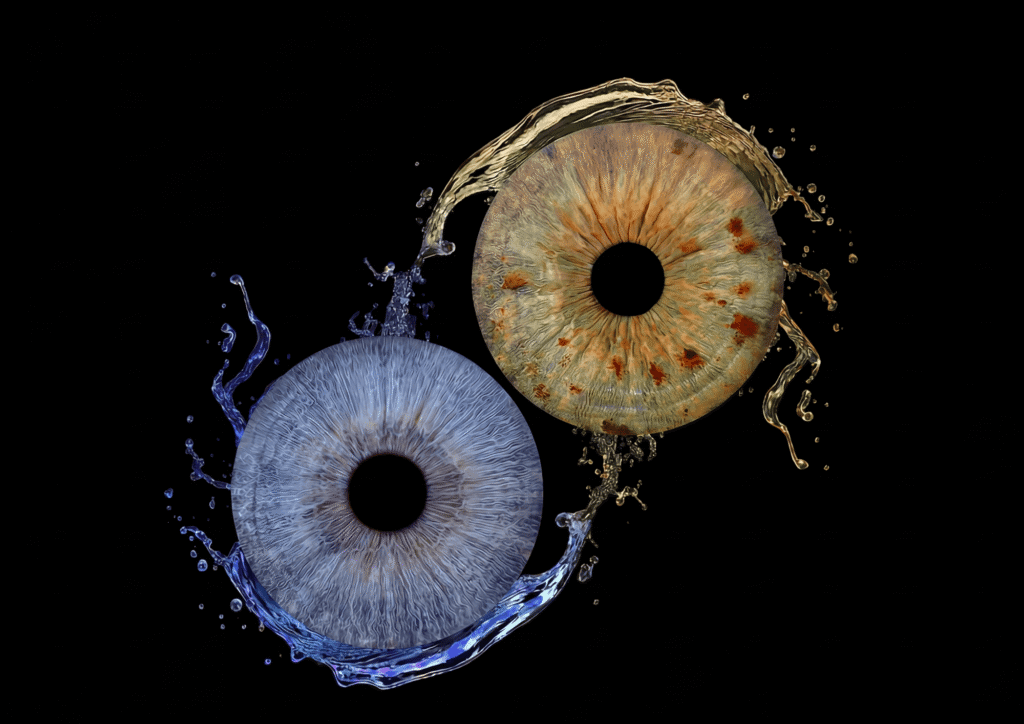 Liquid Souls personalised couple iris art featuring two real eye irises surrounded by fluid splash and liquid effects, created from real customer eye photography.