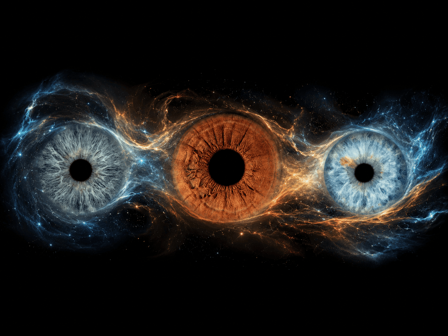 Living Current personalized iris photography art featuring three family irises united by a dynamic current of blue and amber energy.