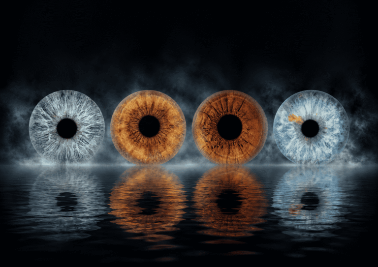 Mirrored Souls custom family iris photography artwork featuring four unique eye irises reflected across a dark water surface.