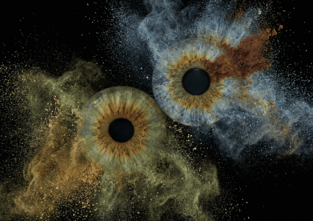 Mystic Cloud custom couple iris artwork featuring two real eye irises emerging through atmospheric cloud and smoke effects on a dark background.