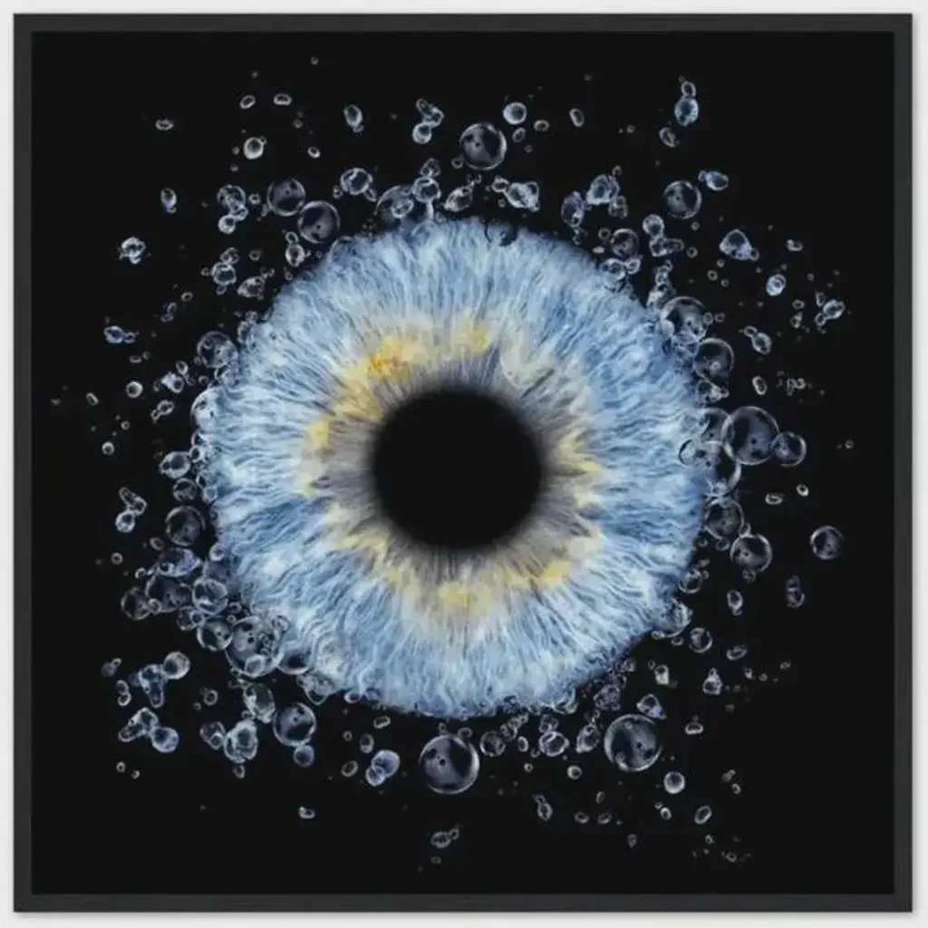 Ocean Spark personalized single iris photography artwork featuring one real blue eye iris surrounded by water splash effects on black.