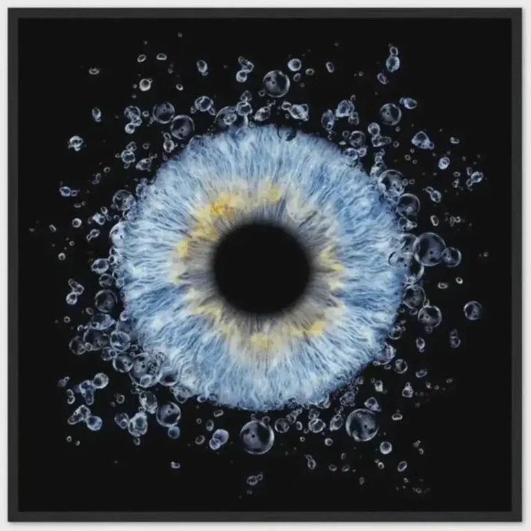 Ocean Spark personalized single iris photography artwork featuring one real blue eye iris surrounded by water splash effects on black.