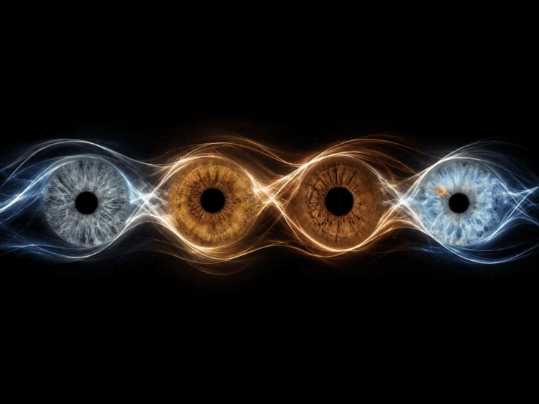 One Shared Current personalized iris art with four family irises connected by flowing blue, white and golden energy on black.