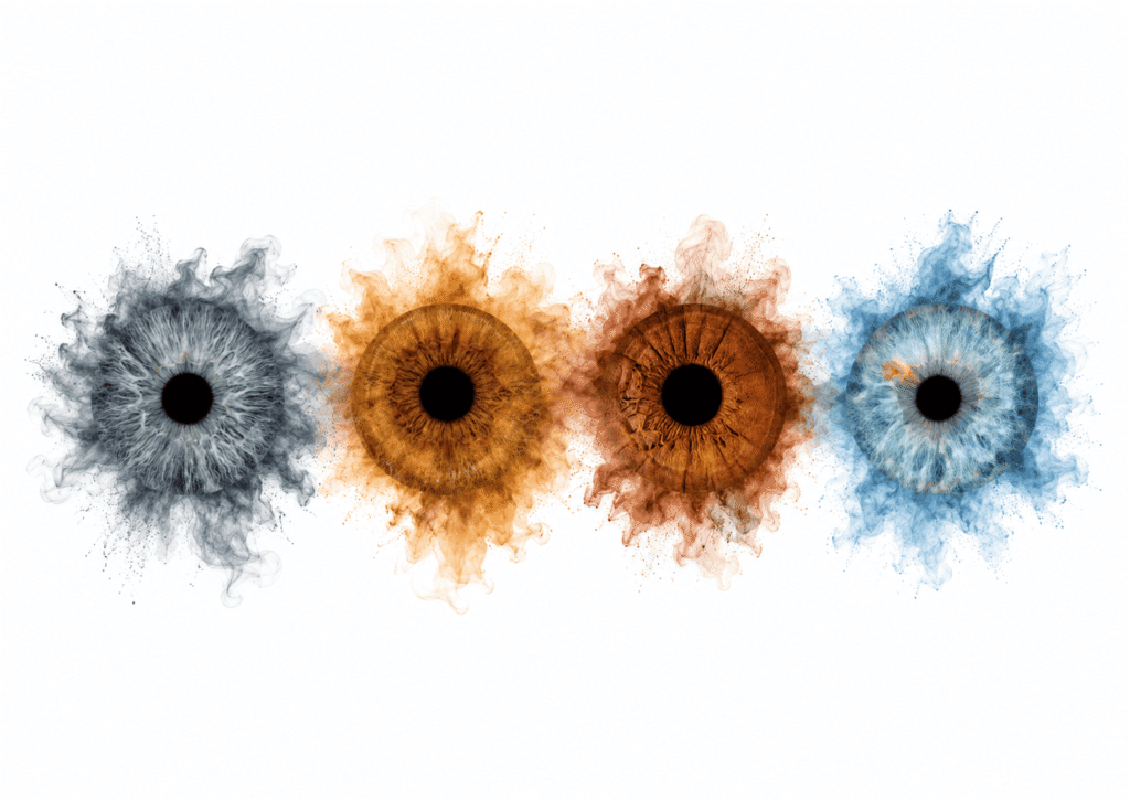 Painted Together custom eye photography portrait featuring four family irises blended with soft blue, grey and warm watercolor clouds.
