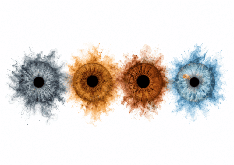 Painted Together custom eye photography portrait featuring four family irises blended with soft blue, grey and warm watercolor clouds.