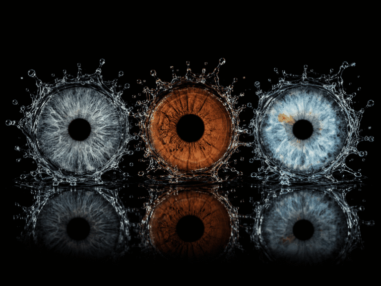 Reflections of Us custom iris photography portrait showing three family irises with elegant mirror reflections on a black background.