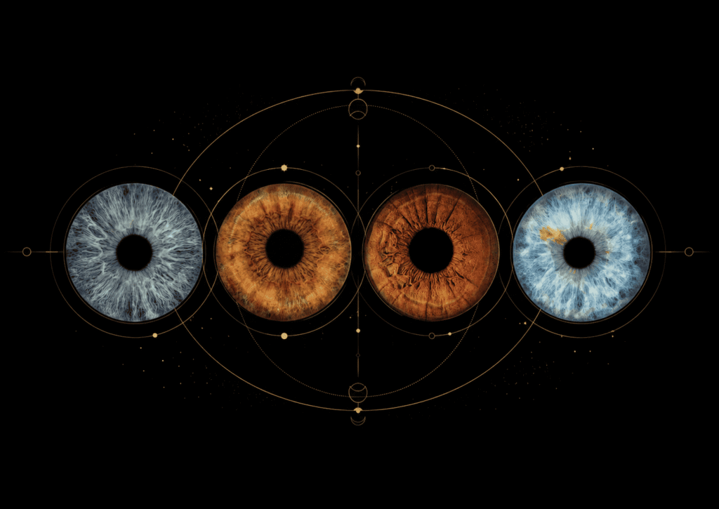 Sacred Alignment personalized four iris family artwork with real eye irises arranged in elegant golden celestial geometry on black.
