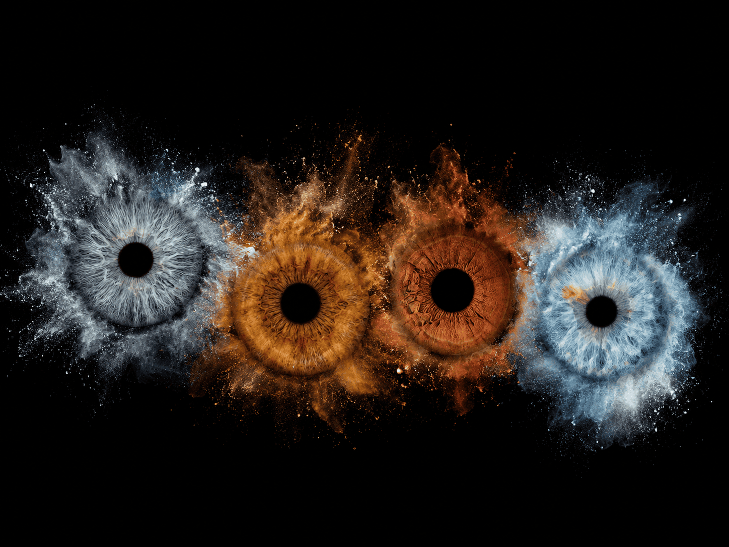 Smoke and Starlight custom iris photography art featuring four family eyes surrounded by blue, white and golden cosmic smoke.