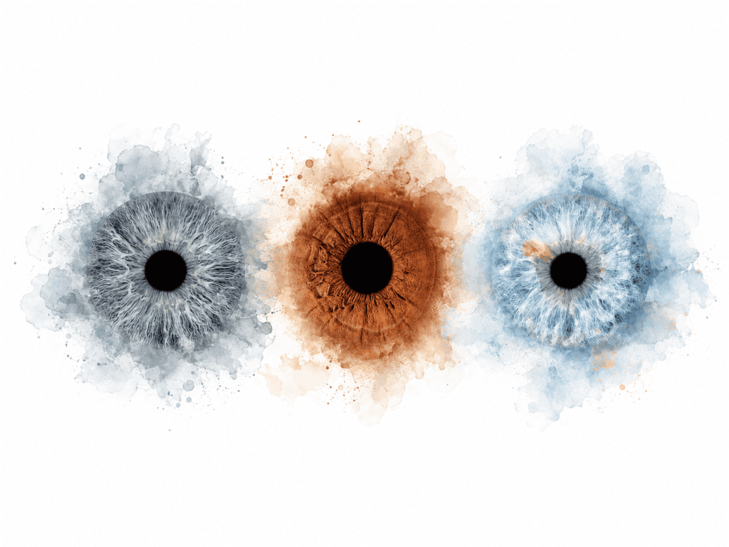 Softly Connected personalized eye photography art featuring three family irises surrounded by delicate blue and warm powder effects.