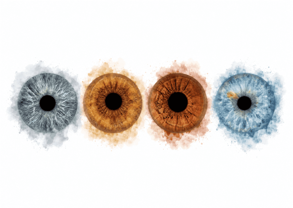 Softly Entwined personalized family iris portrait with four unique eye irises blended through delicate blue and warm watercolor effects.