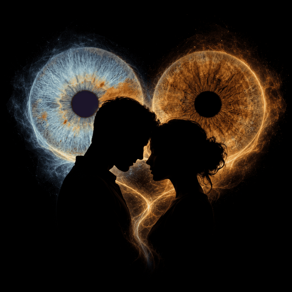 custom couple iris photography artwork featuring two real eye irises transformed into personalized eye art for couples, anniversaries and meaningful gifts.