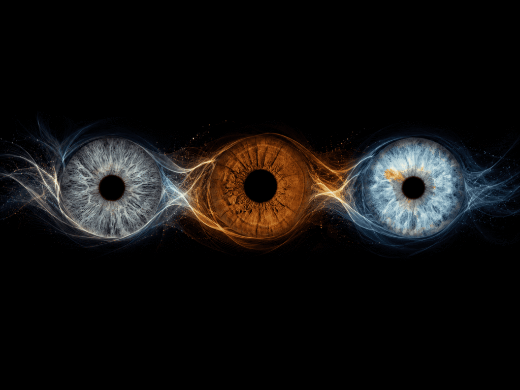 Soulwave Trio custom family iris artwork with three unique eye irises joined by smooth blue and golden waves on a black background.