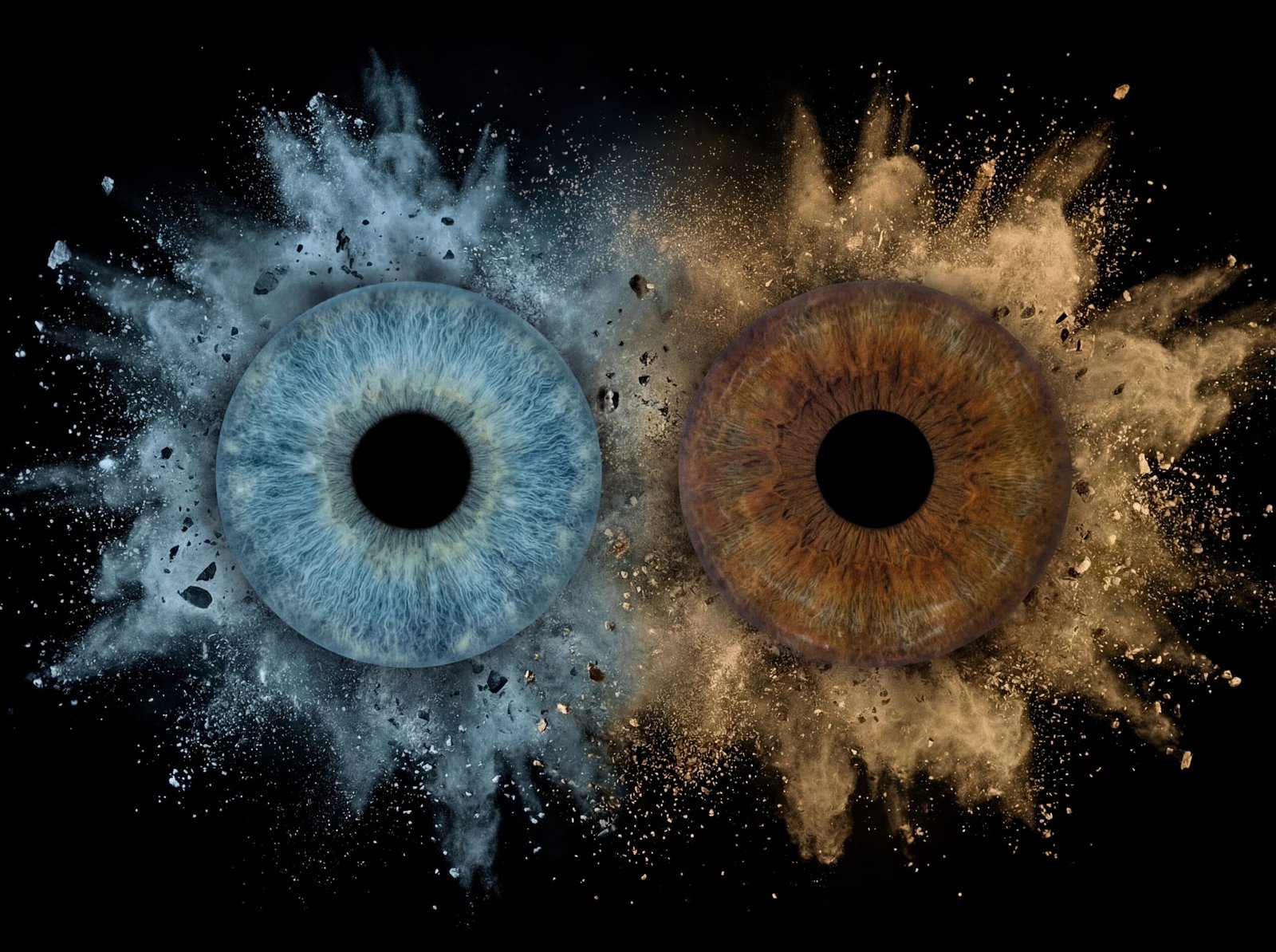 Splash Of Souls – personalised iris art Splash of Souls custom couple iris photography artwork featuring two real eye irises surrounded by expressive splash and particle effects, created as personalised eye art.