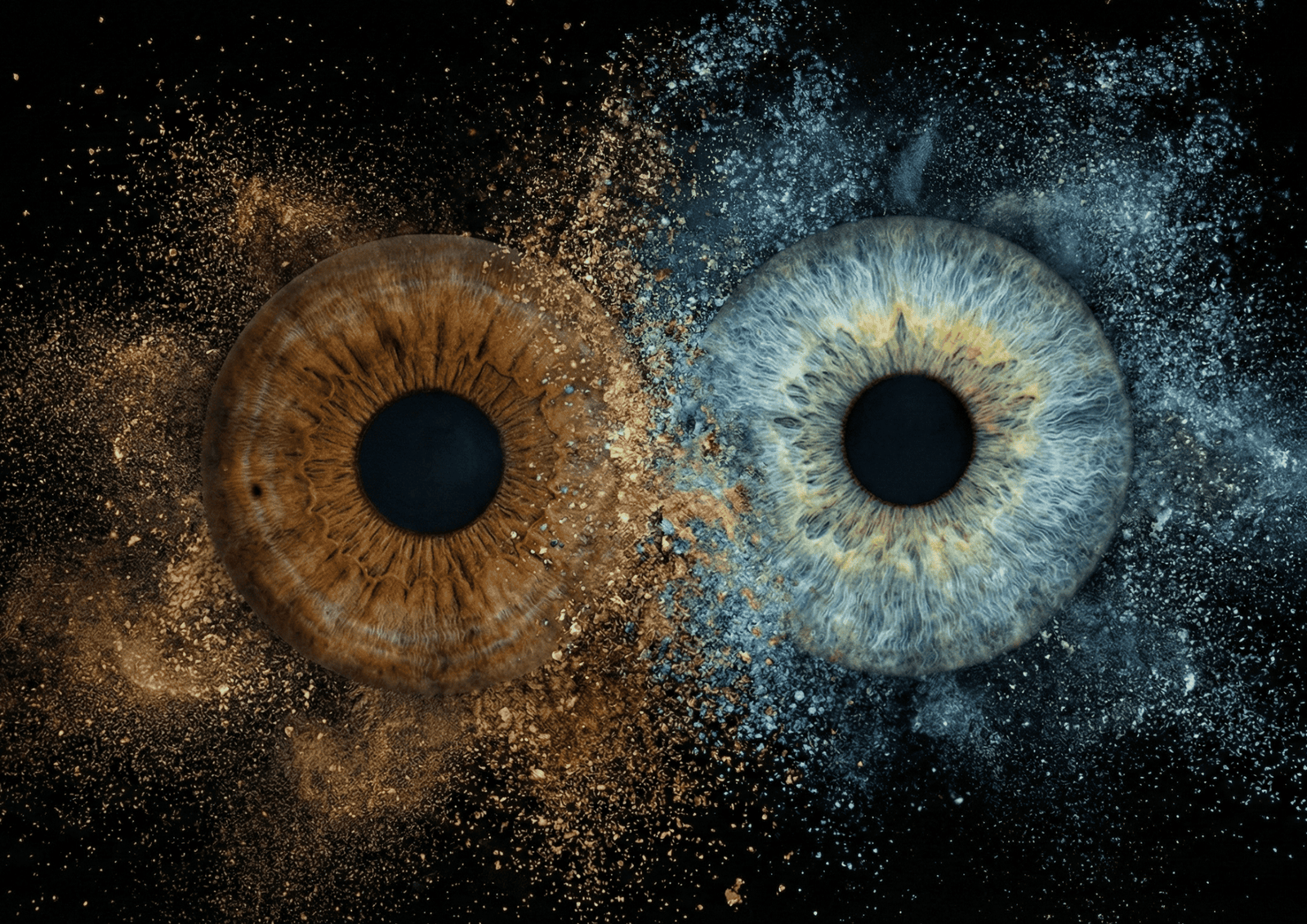 Stardust Collision – personalised iris art Stardust Collision personalised couple iris art featuring two real eye irises meeting within dramatic stardust and particle clouds on a black background.