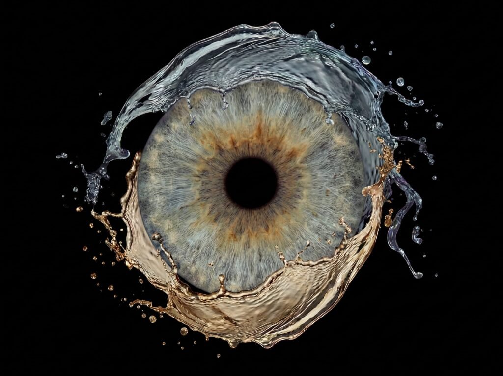 Still Waters personalized single iris photography artwork featuring one real eye iris framed by elegant water ripple and splash effects on black.