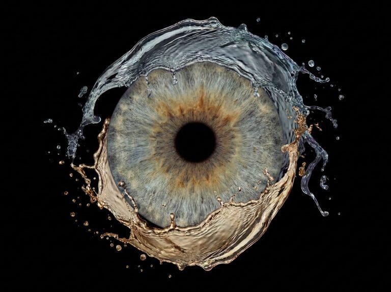 Still Waters personalized single iris photography artwork featuring one real eye iris framed by elegant water ripple and splash effects on black.