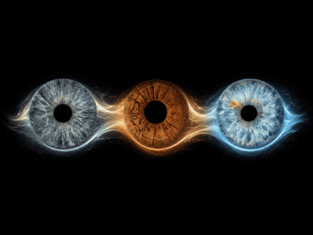 The Eternal Thread personalized iris photography art showing three family irises linked by luminous blue and amber threads of energy.