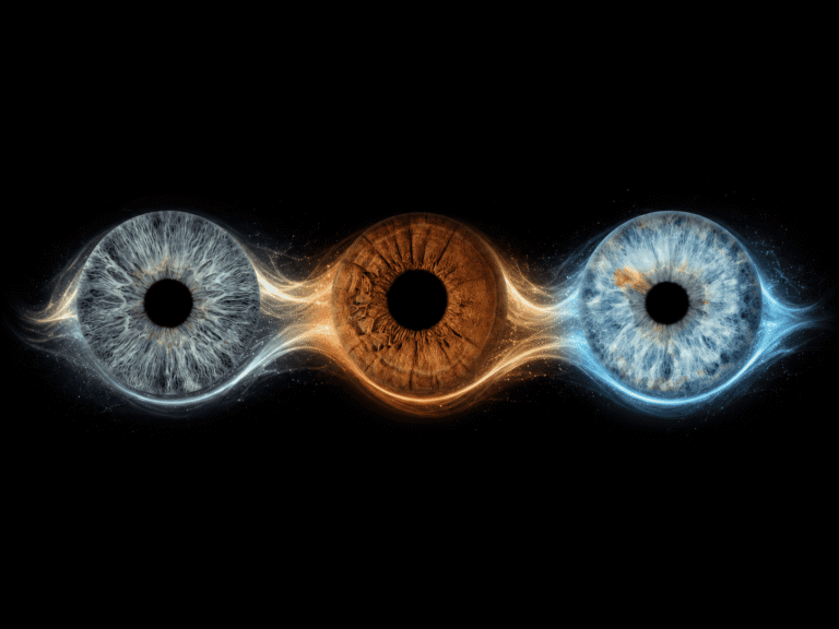 The Eternal Thread personalized iris photography art showing three family irises linked by luminous blue and amber threads of energy.