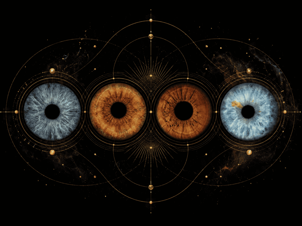 The Golden Covenant personalized family iris art with four real eye irises enclosed by intricate golden celestial rings and lines.