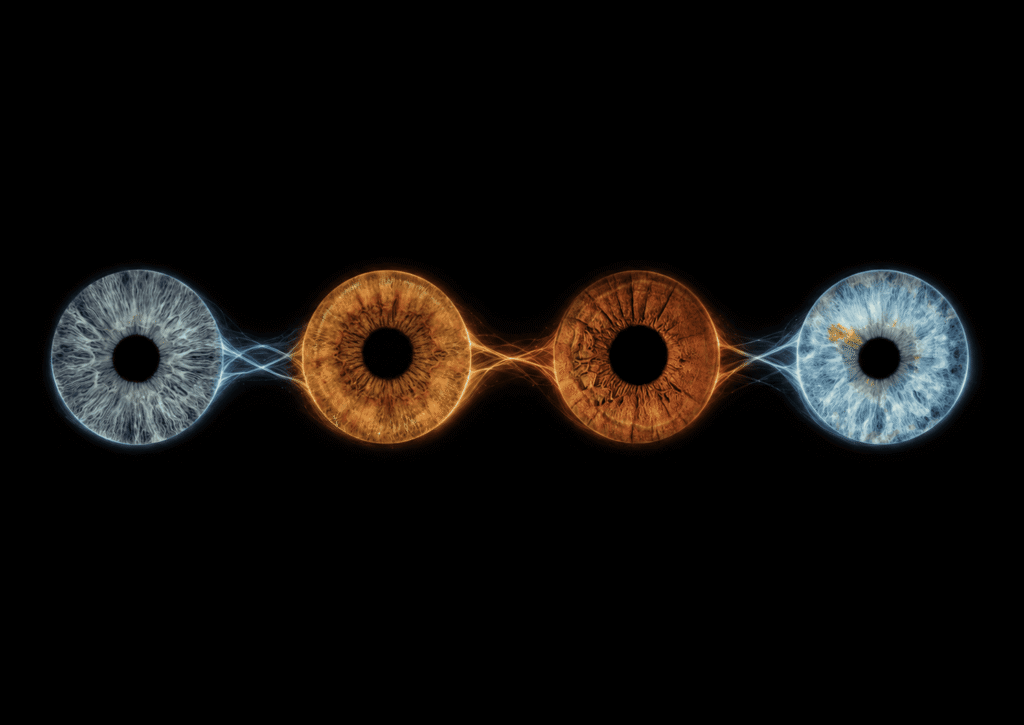 The Unbroken Current custom eye photography artwork featuring four family irises connected by one continuous blue and golden light wave.