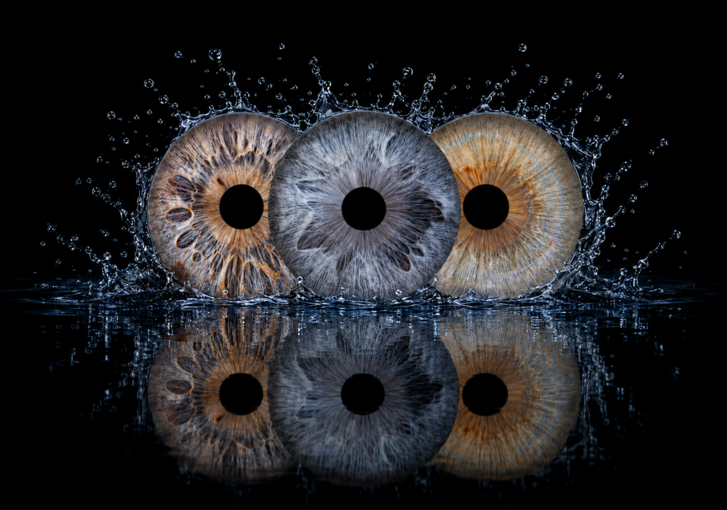 Three in the Current custom eye photography artwork featuring three family irises surrounded by realistic water splashes and reflections.