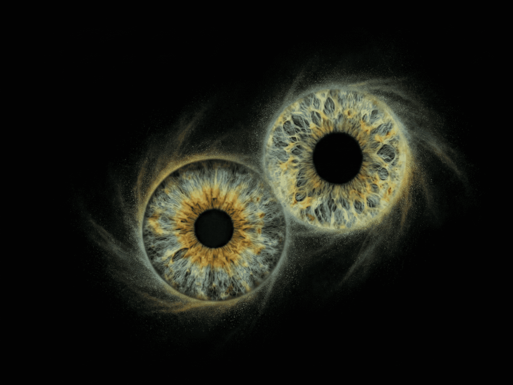 Whispering Aura custom couple iris photography artwork featuring two real eye irises surrounded by soft glowing aura and flowing atmospheric effects.
