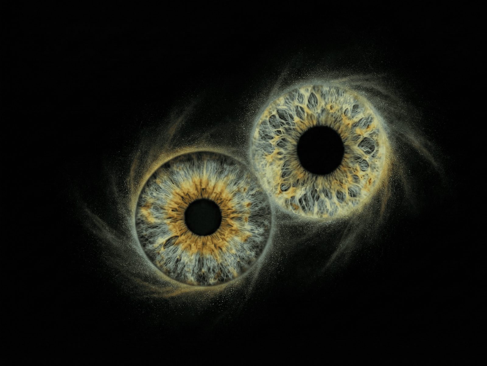 Whispering Aura – personalised iris art Whispering Aura custom couple iris photography artwork featuring two real eye irises surrounded by soft glowing aura and flowing atmospheric effects.
