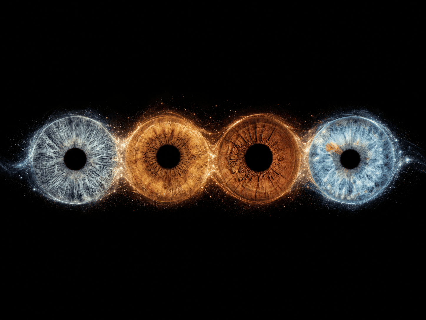 Whispering Light personalized family iris artwork featuring four real eye irises connected by soft luminous blue and golden waves.