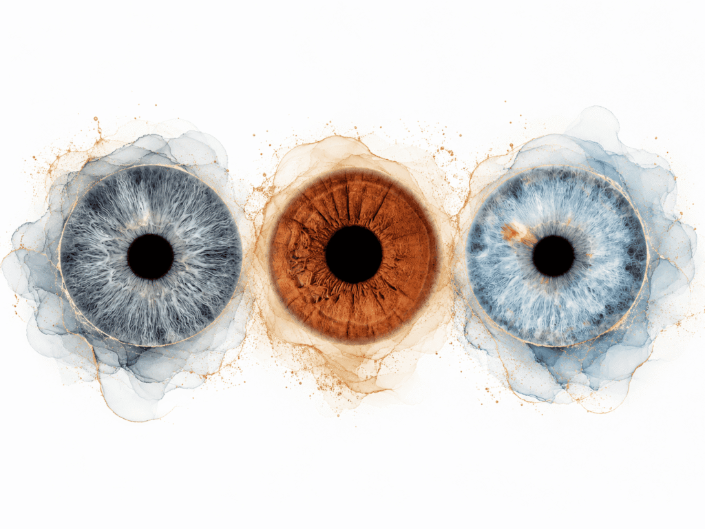 Whispers of Unity custom iris photography artwork featuring three family irises surrounded by soft translucent blue and golden circles.