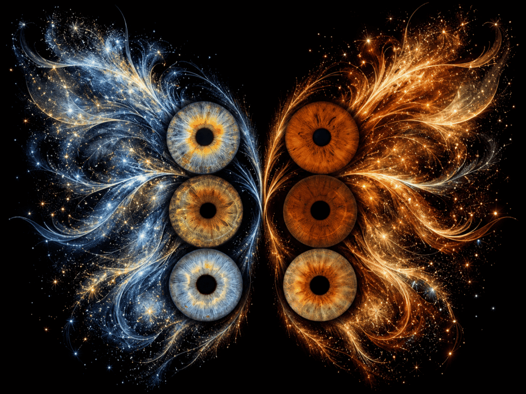 Six family irises forming the center of abstract blue and golden cosmic wings.