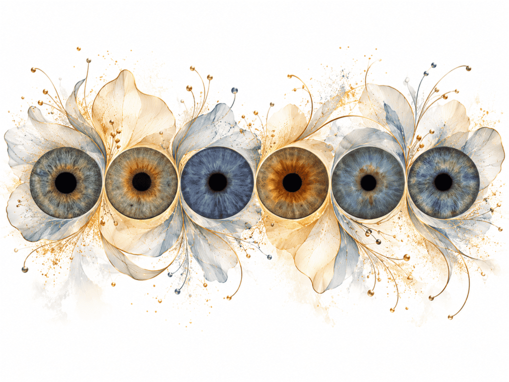 Six colorful irises surrounded by delicate translucent blue and golden flower petals.