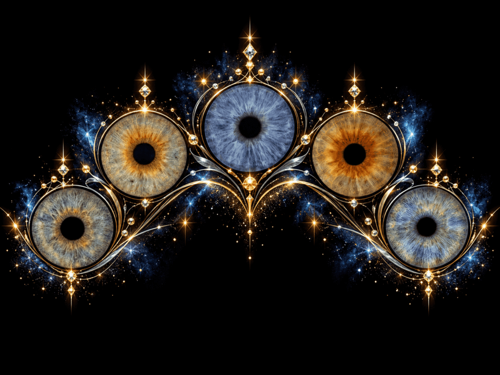 Six irises rising diagonally through flowing blue, teal and golden aurora effects.