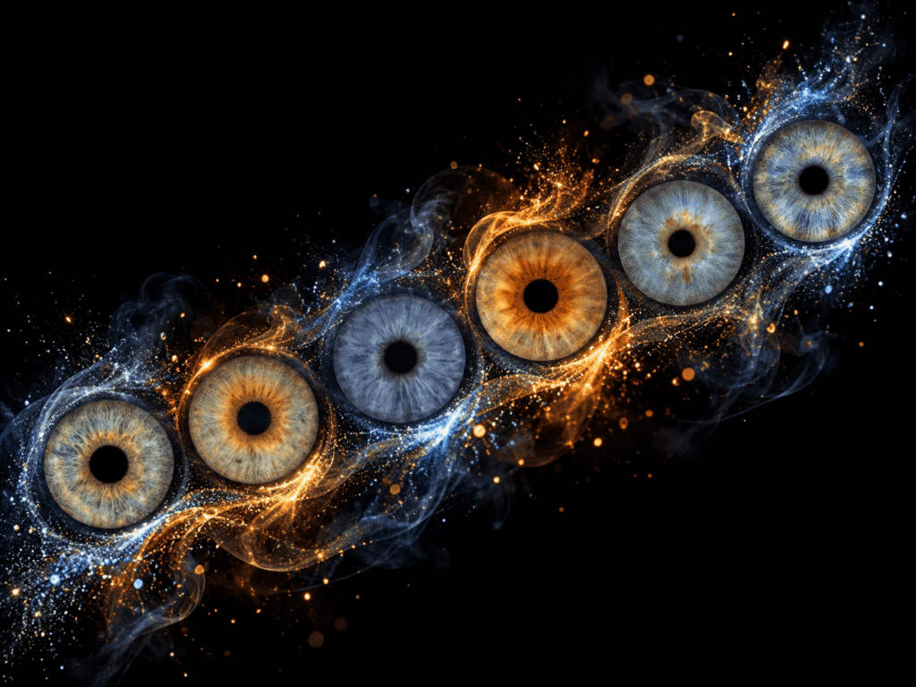 Six blue, hazel and amber irises connected by elegant celestial orbits and stardust on a black