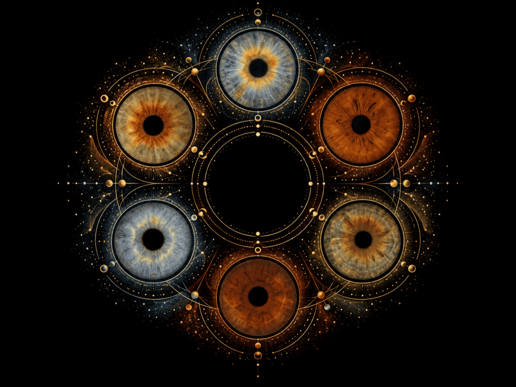 Six family irises arranged in a symmetrical circular mandala with fine golden lines.