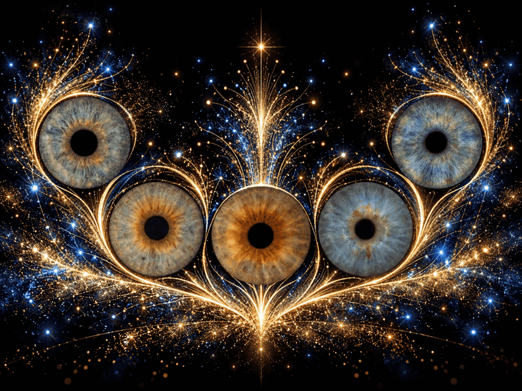 Five family irises arranged within a regal crown of gold and blue starlight.