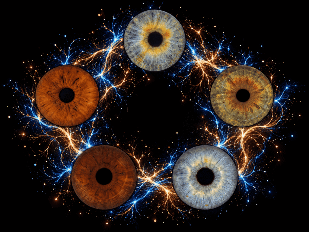 Five irises connected by intricate electric blue and copper neural filaments.