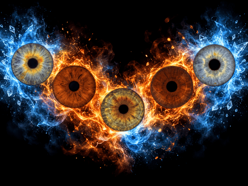 Five family irises united by contrasting fire and ice energy effects.