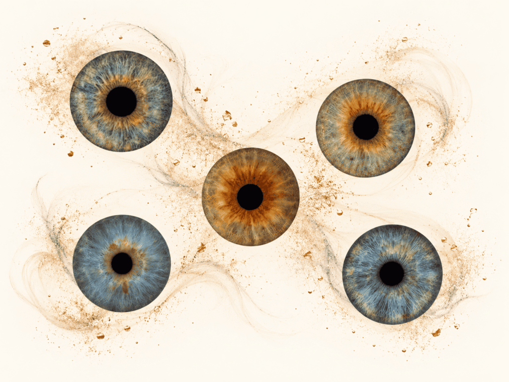 Five family irises arranged in a radiant blue and golden nebula flower on a black background.