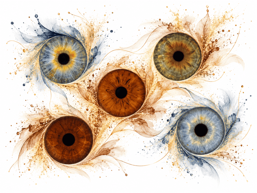 Five irises framed by delicate blue, gold and sepia feather-like ink effects.
