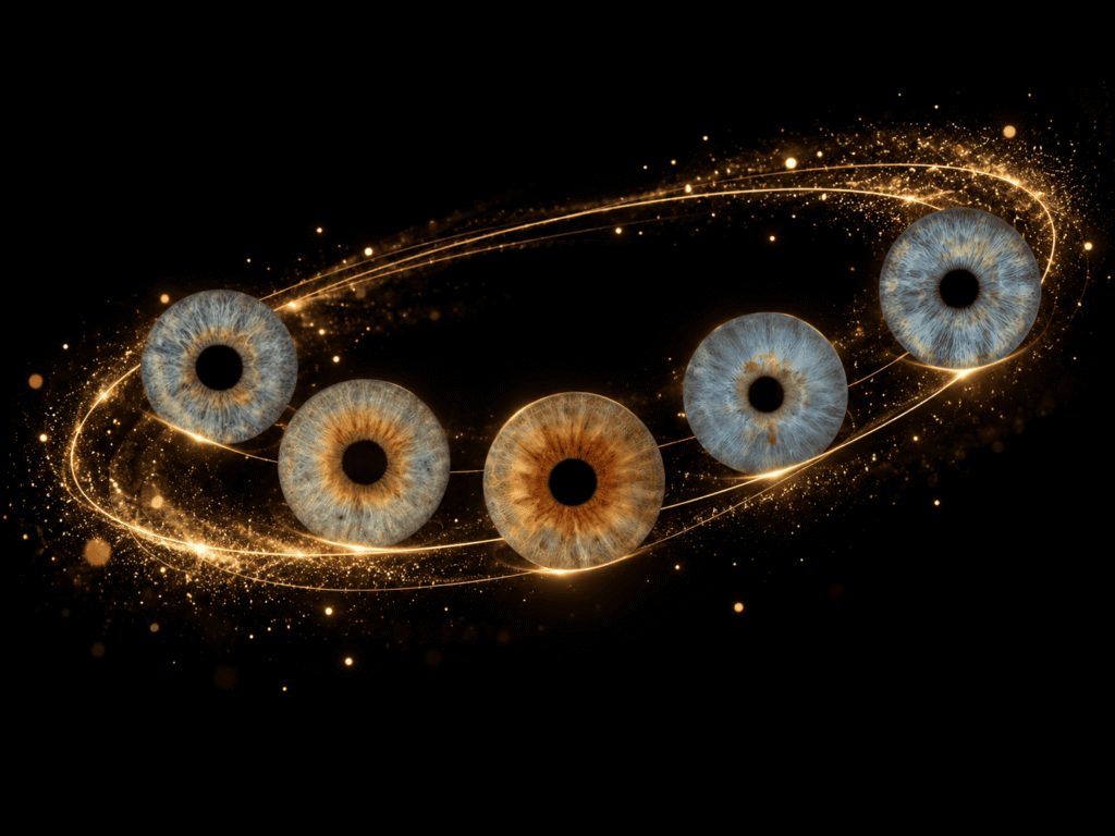 Five unique irises surrounded by elegant golden dust trails on a black background.