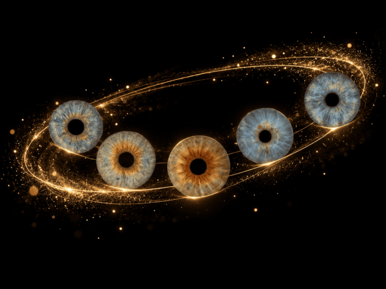 Five unique irises surrounded by elegant golden dust trails on a black background.