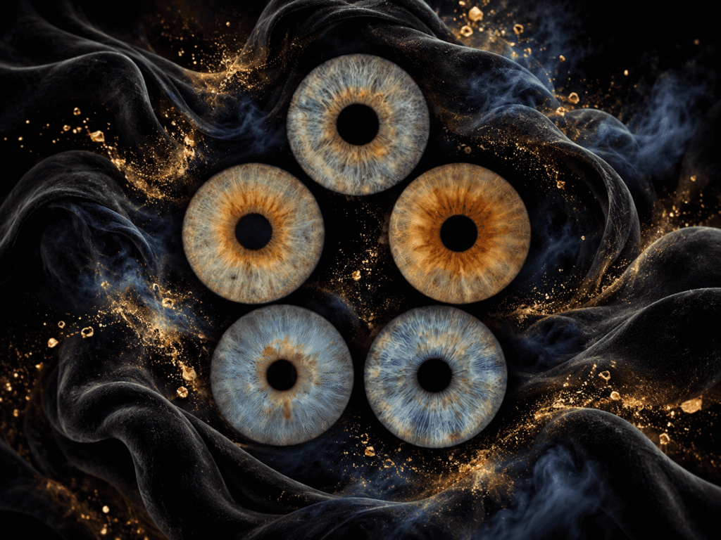 Five irises framed by dark velvet waves, blue smoke and fine golden dust.
