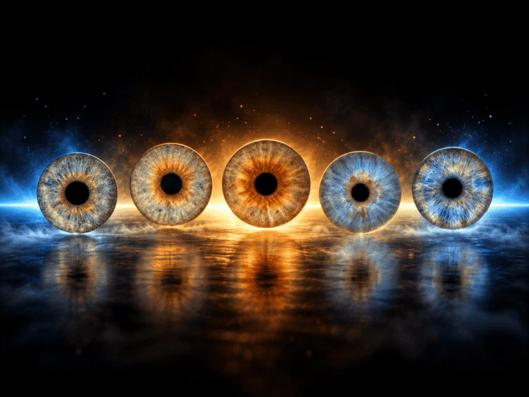 Five family irises aligned above a glowing blue and amber cosmic horizon.