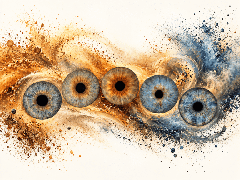 Five custom irises emerging from a windblown storm of amber and blue pigment dust.