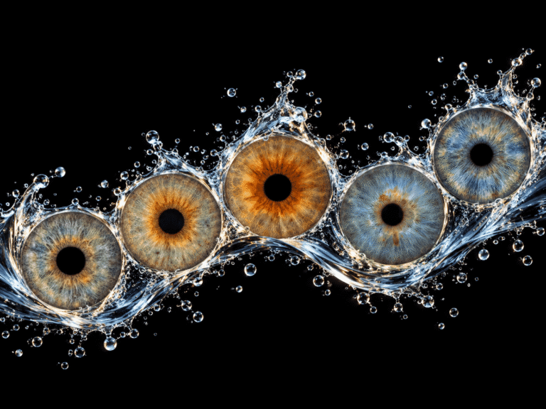 Five custom irises rising through a frozen water wave with crystal droplets.
