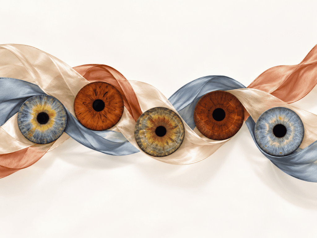 Five family irises woven through champagne, terracotta and blue silk ribbons.